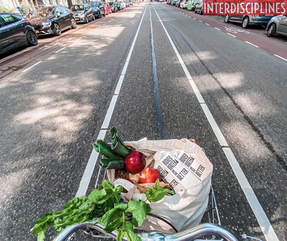 Persona en bicicleta con frutas y verduras para preparar un delicioso plato
