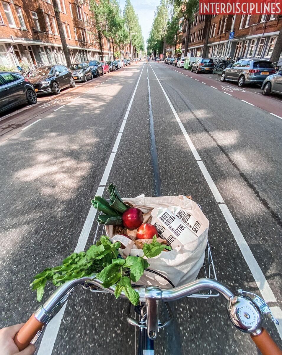 Persona en bicicleta con frutas y verduras para preparar un delicioso plato